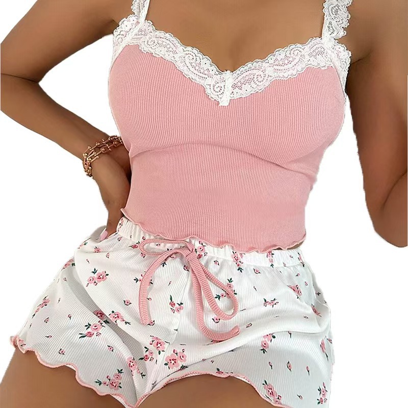2025 Cross-Border New Sexy Lace Camisole Pajamas for Women to Wear Slim Two-Piece Home Clothes