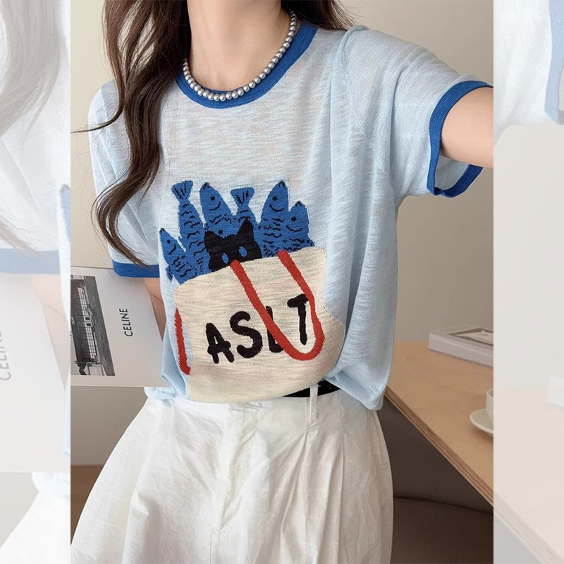 Gejia モールの同じスタイルの女性の 2025 夏薄いブルーアイスシルク半袖 T シャツ韓国の超見栄えの良いユニークなトップ|undefined