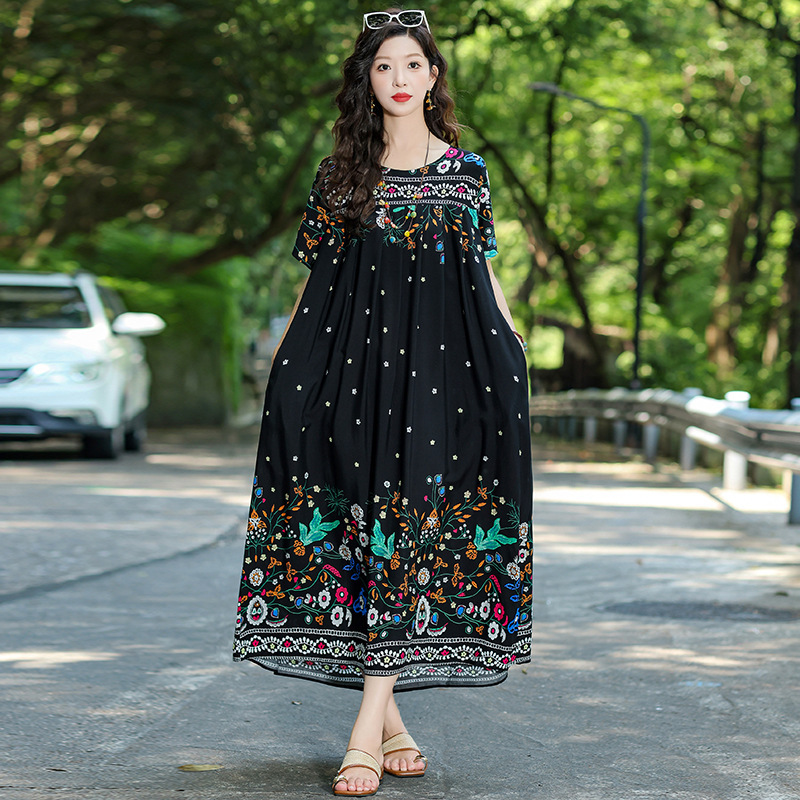 High-End Summer Cotton Silk Nightgown for Mothers, New Style Loose Casual and Stylish Home Wear Dress for Middle-Aged and Elderly Women