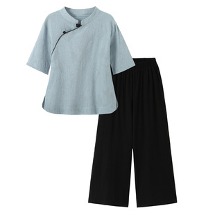 ! Chinese Style Vintage Cotton Linen Top Women's Summer Chinese Style Vertical Collar Short Sleeve Tea Wear Wide Leg Pants Zen Style suit