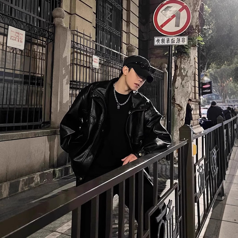 Black Leather Jacket for Men, Spring and Autumn Trendy Brand, Stylish Streetwear, High-End Leather Motorcycle Jacket, American Retro, European and American Hip-Hop