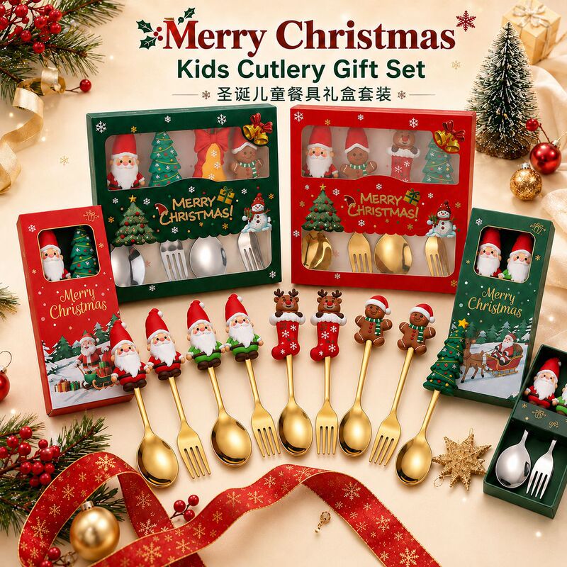 Cross-border Christmas Spoon Cartoon Figurine Dessert Spoon Stainless Steel Spoon and Fork Gold Set Christmas Tableware Gift Box