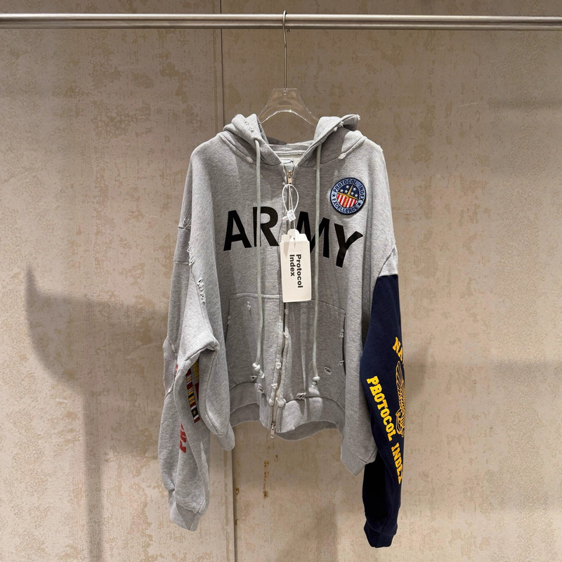 Protocol Index Original Project G/R Distressed Splicing Zipper Hooded Sweatshirt