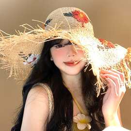 花朵拉菲草帽女夏海边沙滩度假法式大帽檐草编遮阳防晒帽太阳帽子