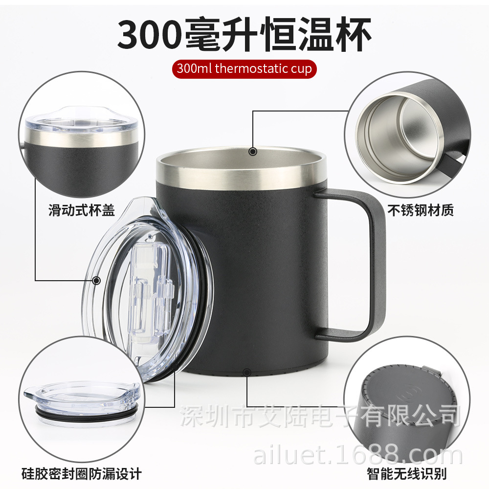 Taza de café térmica con carga inalámbrica de acero inoxidable 304 de doble capa M12, calentador de tazas de 55 grados, aislamiento de 350 ml, carga rápida de 15 W