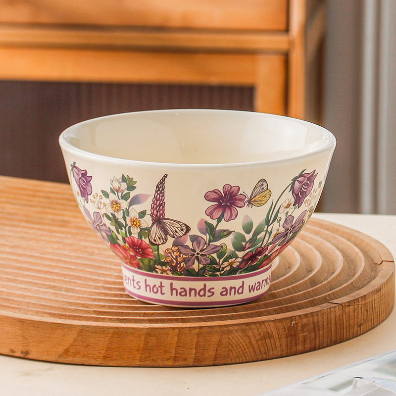 Orquídea de campana feliz lujosa doméstica ins viento cubiertos de arroz de pies altos tazón de fideos tazón de cerámica tazón de arroz de 5 pulgadas simple tazón