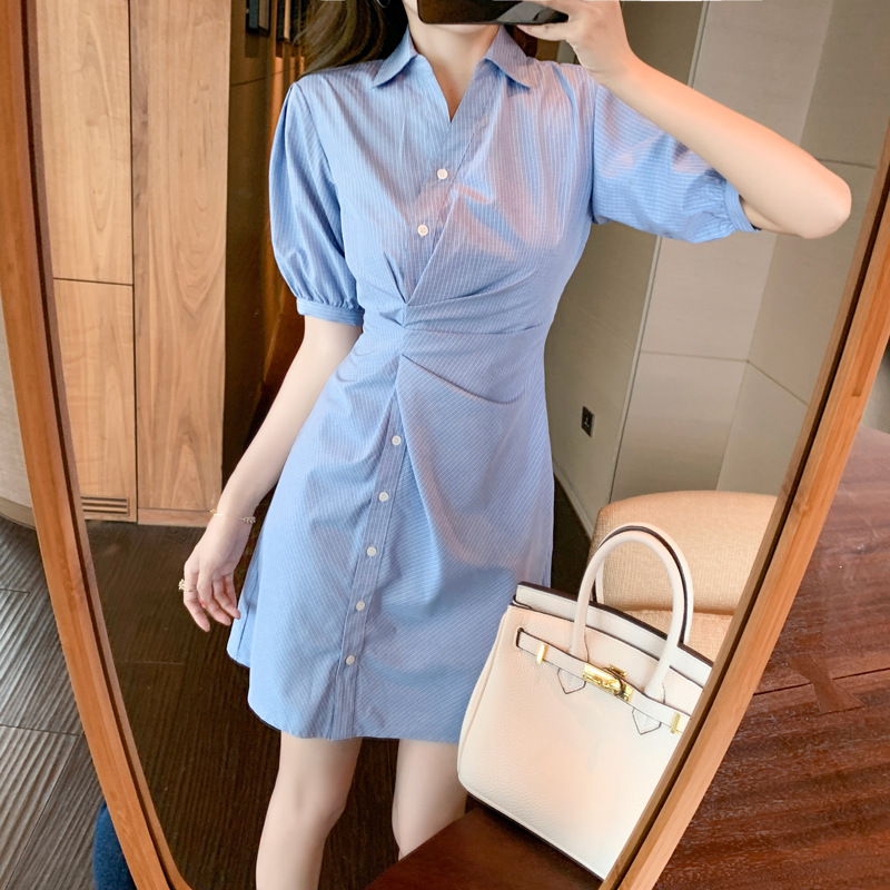 Mid-length shirt skirt 2021 summer new style small fresh, salty, sweet temperament, thin short-sleeved dress women