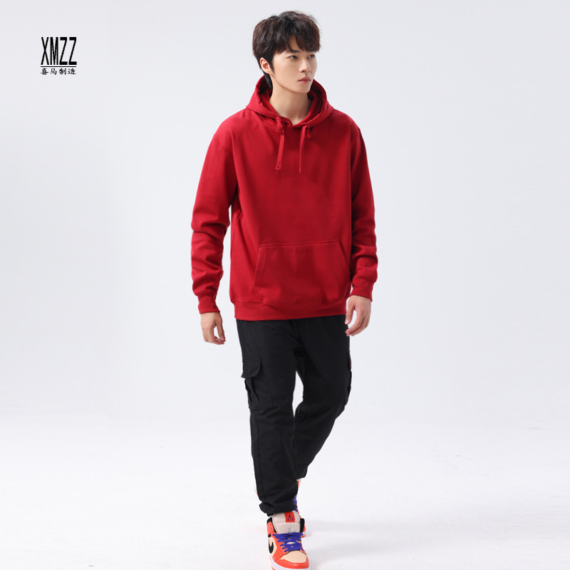 源头工厂批发2025新款本命年酒红色连帽卫衣男士套头帽衫秋冬外套