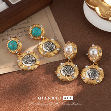 复古质感天然石珍珠希腊古罗马钱币耳坠vintage耳环浮雕女耳钉款