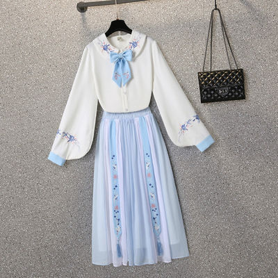 大碼女裝200斤微胖妹妹遮肚子顯瘦中國風漢服改良半身裙兩件套潮