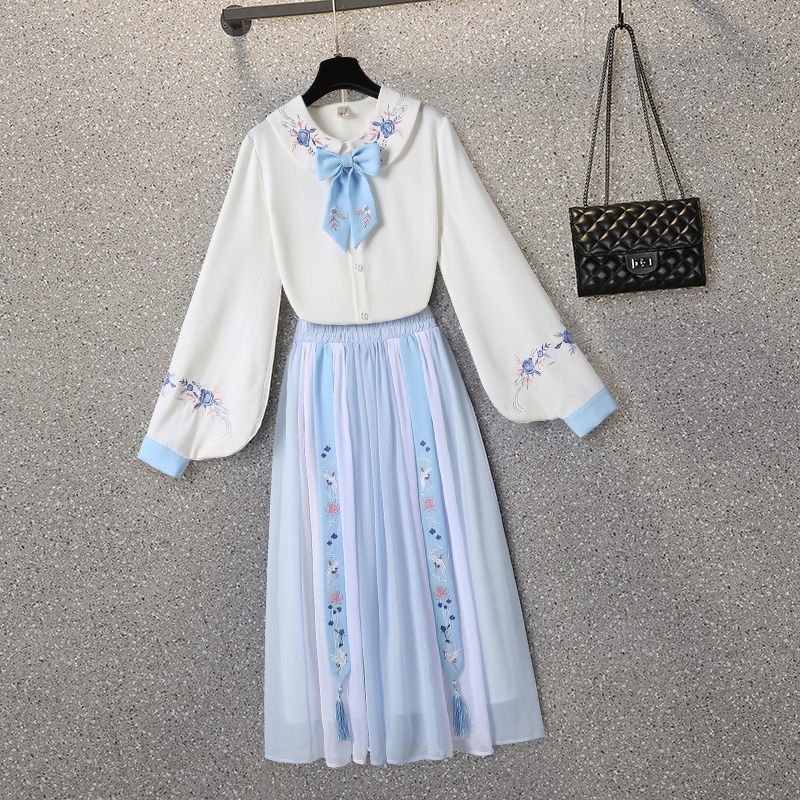 大碼女裝200斤微胖妹妹遮肚子顯瘦中國風漢服改良半身裙兩件套潮