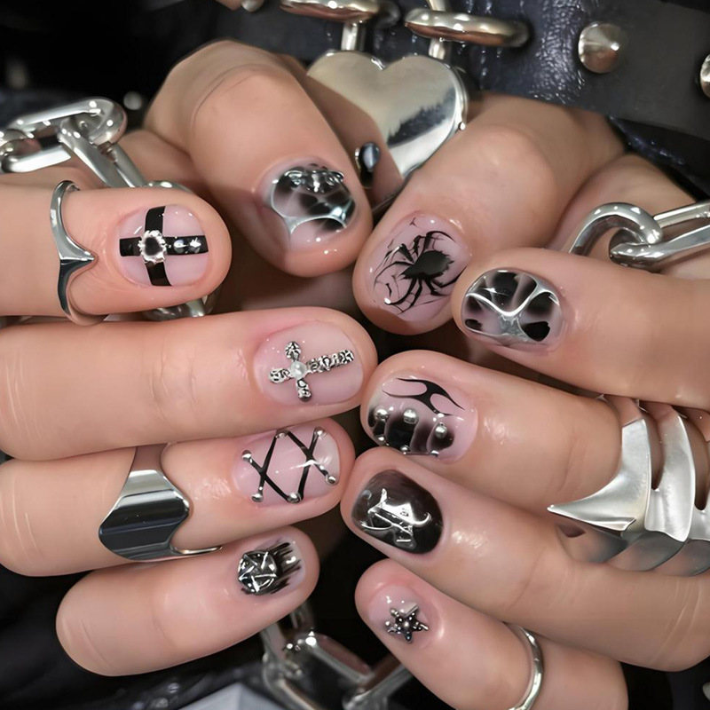European and American Punk Style Wearable Nails Ins Internet Celebrity Dark Metal Short Men's Fake Nails Cross-Border Wearable Nails Wholesale