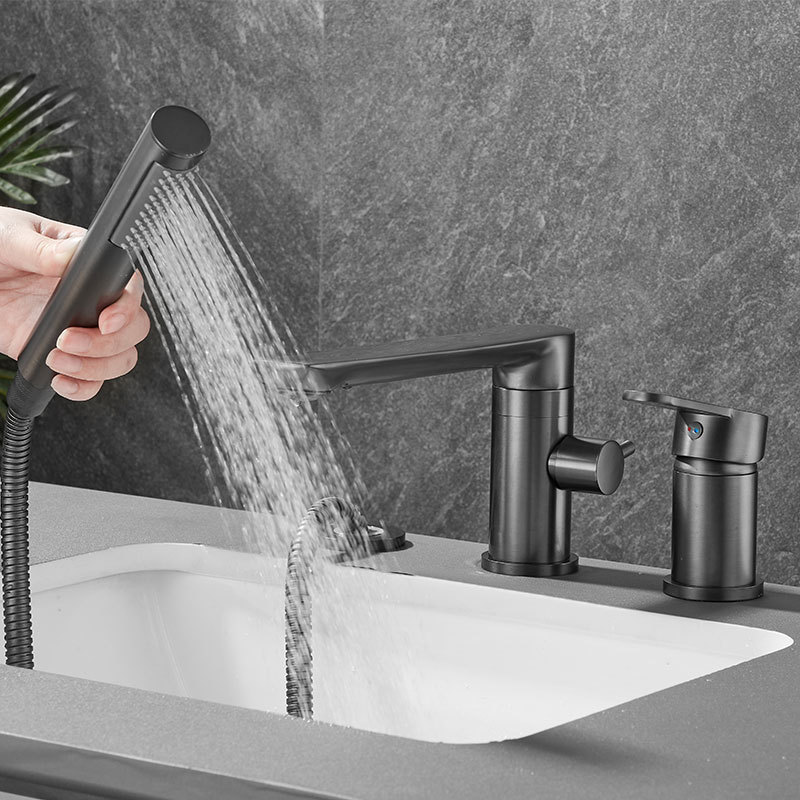 All-copper gun, grey bathtub faucet, side-mounted split hot and cold water faucet, three-piece set, bathroom showerhead, rotatable full figure