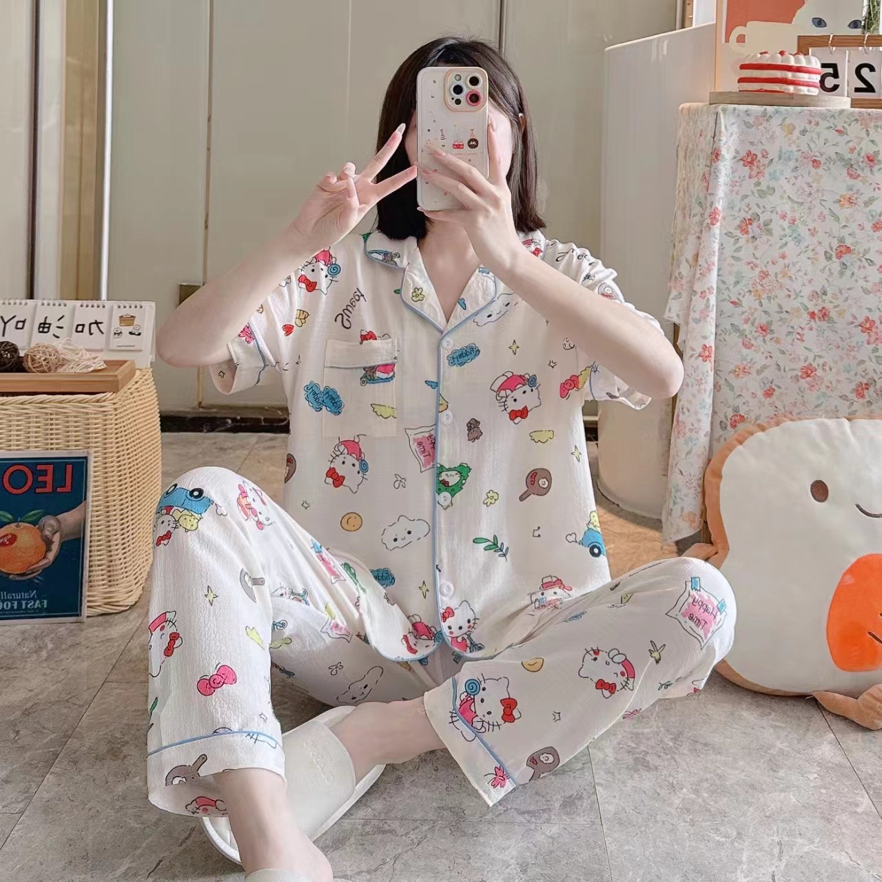 Pajamas de espuma tejidos de verano de algodón pantalones largos de mangas cortas ropa para el hogar de verano delgada de algodón conjunto de dos piezas