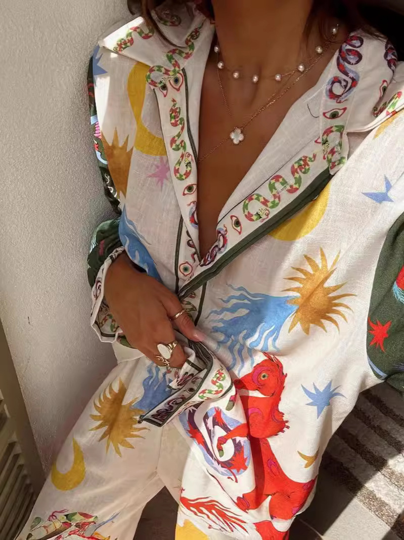 Ensemble short et haut en lin avec imprimé macaron pour femme_voghion.com