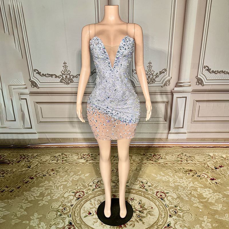 Gc Performance Dress with Straps, Full of Rhinestones, Slim-Fit Dress, Banquet Party Evening Dress, Fashionable and Elegant