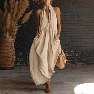 2026夏季欧美外贸女士无袖立领纯色长款度假裙