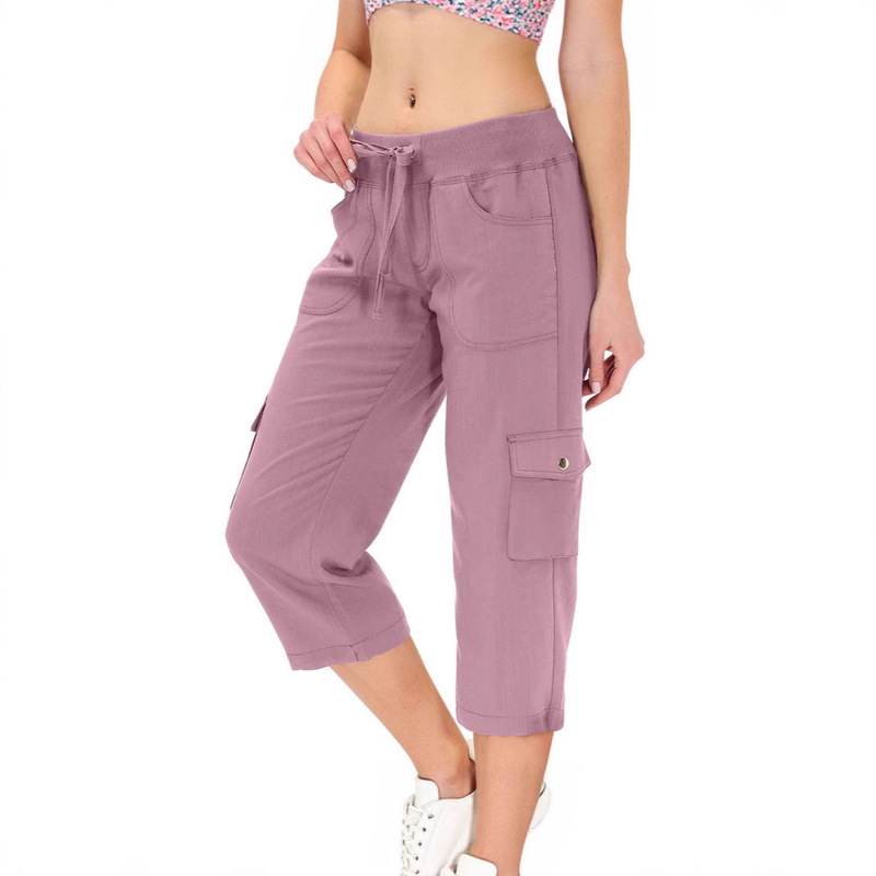 Amazon 2025 European and American Cross-Border Popular Casual Lace-Up Elastic Waist Cropped Pants Workwear Style Loose Hiking Pants