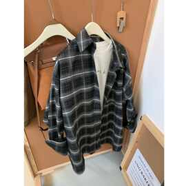 国内女装 春装新品慵懒宽松休闲版型格纹撞色翻领长袖衬衫女上衣