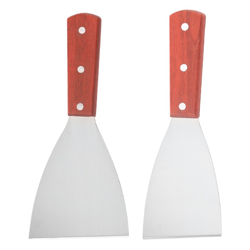 Mango de madera de acero inoxidable pala oblicua teppanyaki freír y hornear fideos fríos pala cuchillo cocina japonesa panqueque fruta hornear pala de limpieza