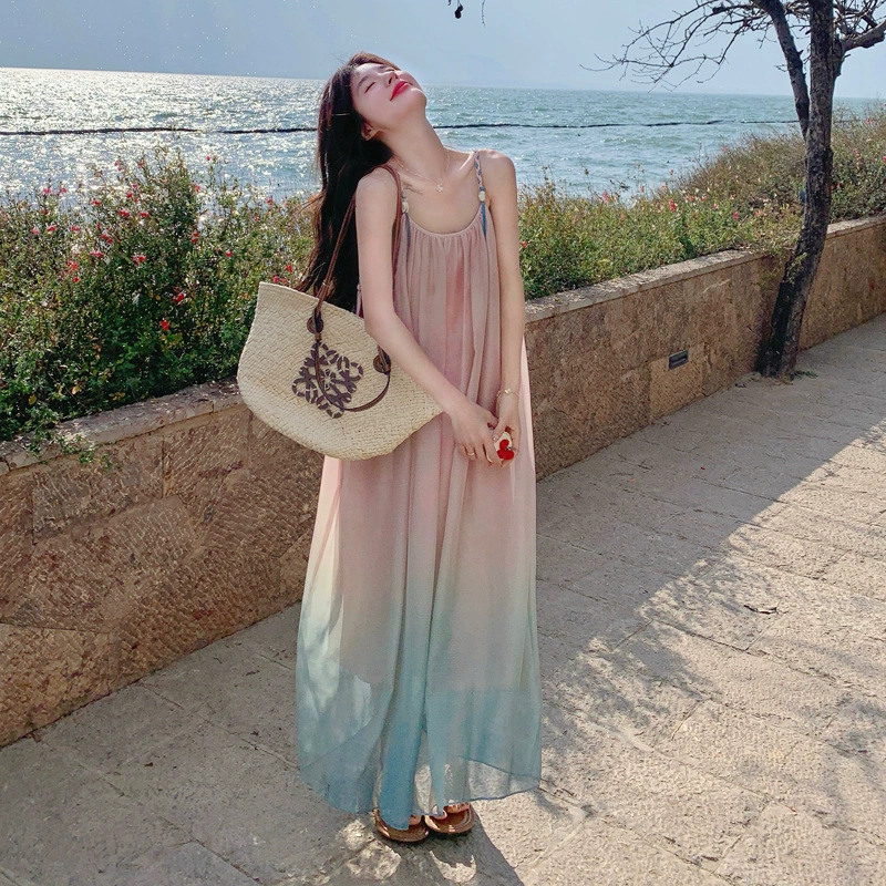Летнее платье-миди с градиентной расцветкой в стиле морского отдыха, с бретелями, для женщин, 2025 год, красивое, супер-сказочное, из тюля.