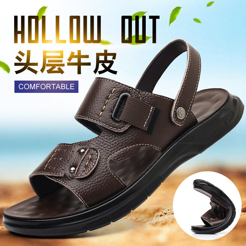 Dép sandal nam da bò lớp đầu đế dày kiểu hở ngón đi biển — Màu nâu, màu đen