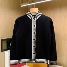 欧美站秋装上衣休闲立领开衫毛衣男潮流撞色黑白条纹针织衫外套男