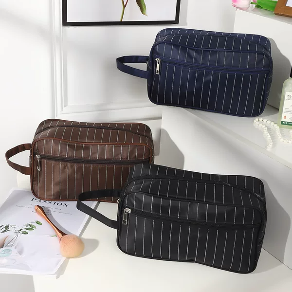 Business Style Striped Washbag Multi-functional Waterproof Portable Double Layer Men's Cosmetic Bag Travel Storage Washbag