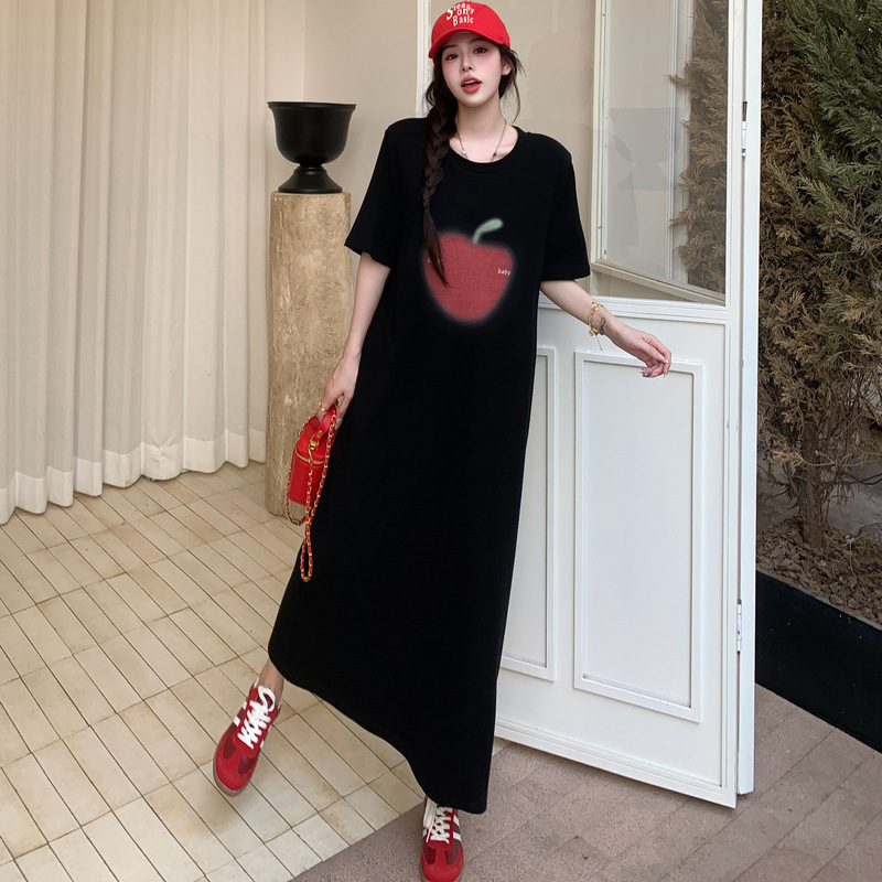 53169 # 2025 New Summer Style Lazy Style Casual T-Shirt Dress Apple Print Large Size Long Short-Sleeved Dress