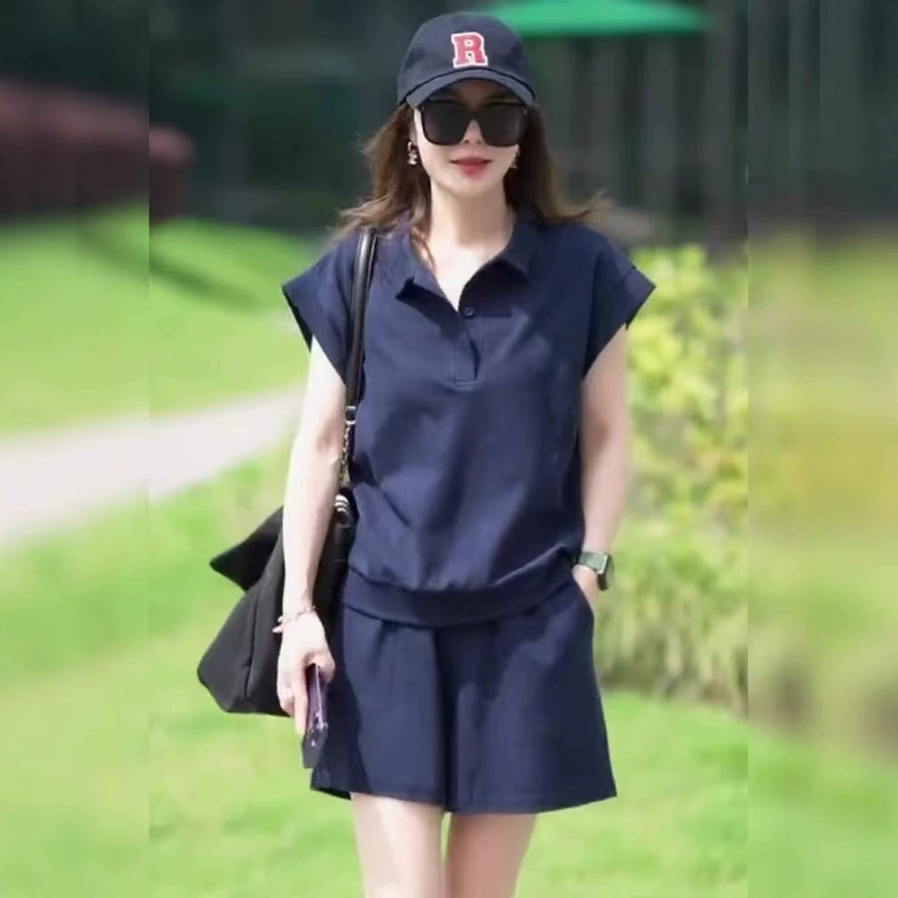 327 # Летняя новая повседневная модная футболка большого размера с воротником-поло, спортивные шорты, закрывающие тело и выглядящие стройнящим, комплект из двух предметов