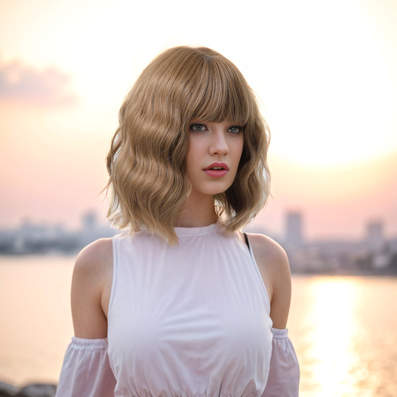 Perucă sintetică 2023 Nou Bobo Head Breton drept Păr sintetic multicolor Lungime până la umeri Scurt Creț_voghion.com