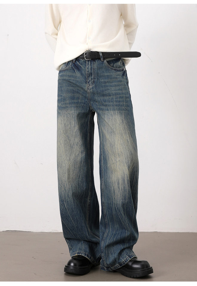 Quần jean nam ống rộng dáng suông màu xanh wash, râu mèo, phong cách đơn giản dễ phối đồ — Màu xanh dương chi tiết 17