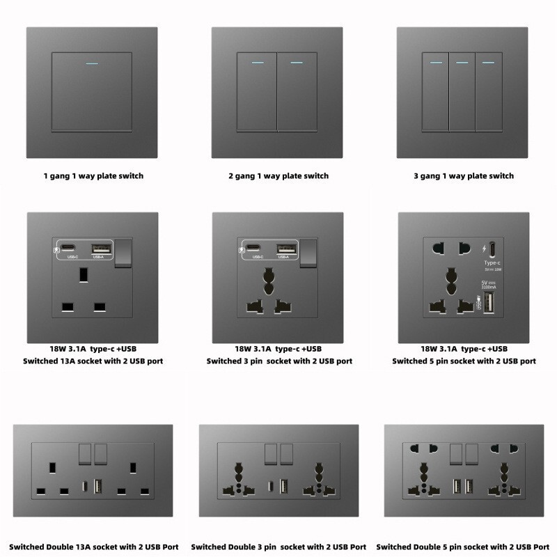 Hong Kong and Macao Version 13A British Socket with USB Fast Charging Type-C British Standard Square Leg Three-Hole Gray 86 Panel Hong Kong and Macao Version 13A British Socket with USB Fast Charging Type-C British Standard Square Leg Three-Hole Gray 86 Panel