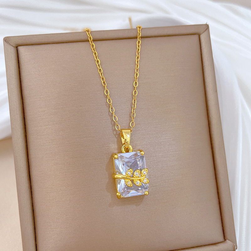 Foglie rettangolari, lusso leggero, splendida collana interamente tempestata di diamanti, catena versatile per clavicola da donna, catena in acciaio al titanio_voghion.com