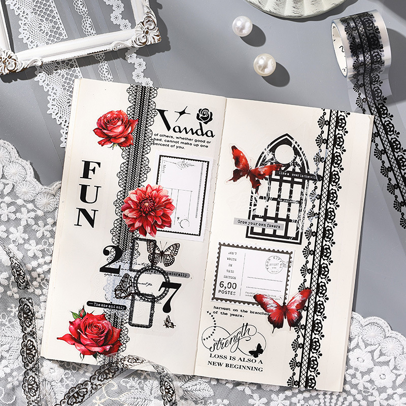 Conjunto de cinta adhesiva transparente de lenguaje de seda romántico, blanco y negro, dos colores, cinta de mano de encaje retro transfronteriza opcional