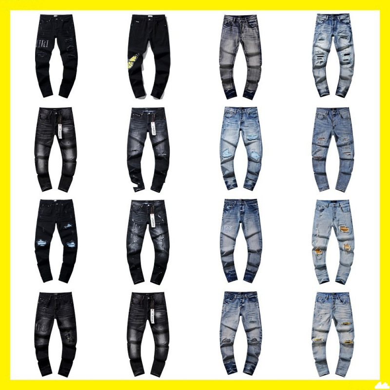 Cross-Border Wholesale Purple American High Street Ripped Patch Trendy Retro Straight-Leg Am1Ri Jeans Brand