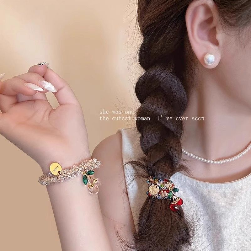 Korean Rhinestone Colorful Cherry Bracelet Dual-Purpose Hair Band High Elastic Head Rope Hair Rope Rubber Band Ponytail Hair Accessories Headdress
