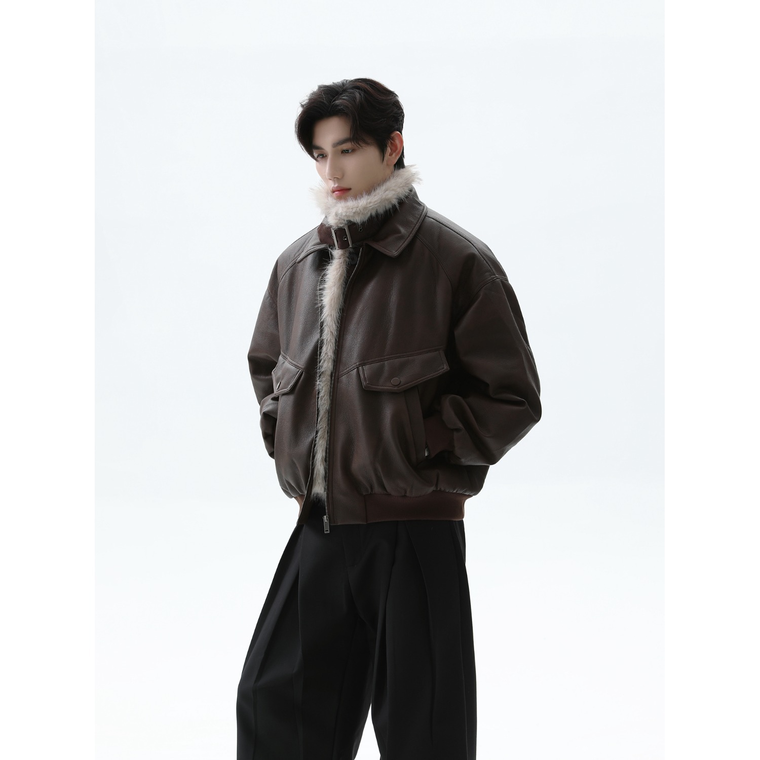 TURNTIDE 美式复古座山雕毛领皮面棉服加厚保暖短款皮毛一体外套