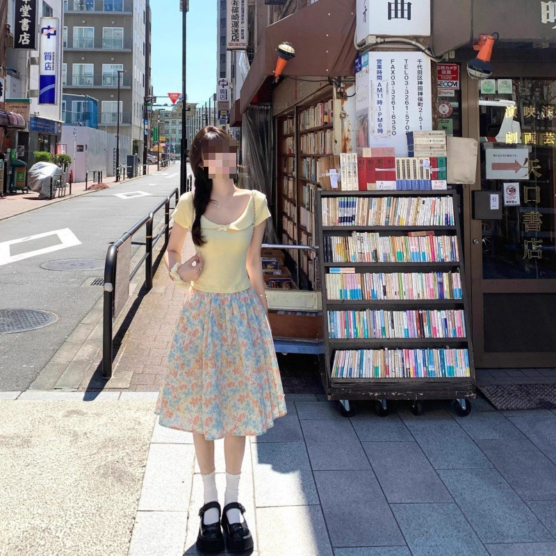 韓国レトロ油絵プリントスカート 2025 春夏新作ウエストゴム A ラインバージョン花柄チュチュスカート|undefined