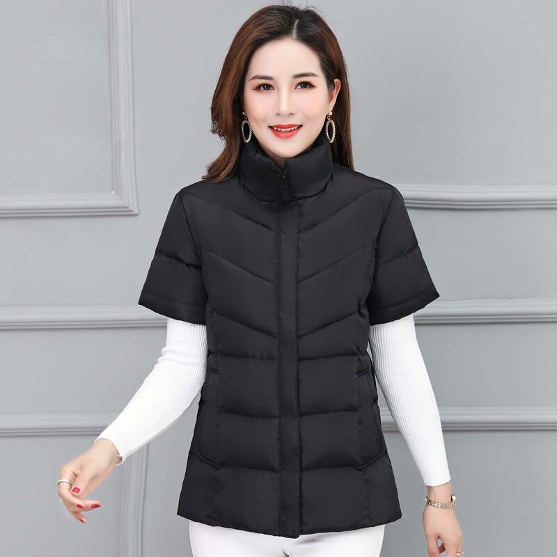 Women's Vest Down Cotton Vest Warm Vest Autumn and Winter Stand Collar Waistle Half Sleeve Cotton Clothes Zipper Large Size Middle-aged and Elderly