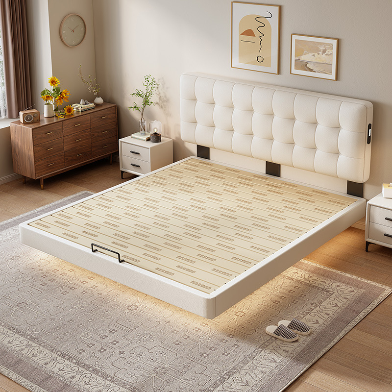 Waffle-Pattern Floating Bed, Ultra-Thin Headboard, Master Bedroom Soft Leather Bed, Adjustable Small Apartment Cream-Style Full-Size Bed with Matching Sides Waffle-Pattern Floating Bed, Ultra-Thin Headboard, Master Bedroom Soft Leather Bed, Adjustable Small Apartment Cream-Style Full-Size Bed with Matching Sides