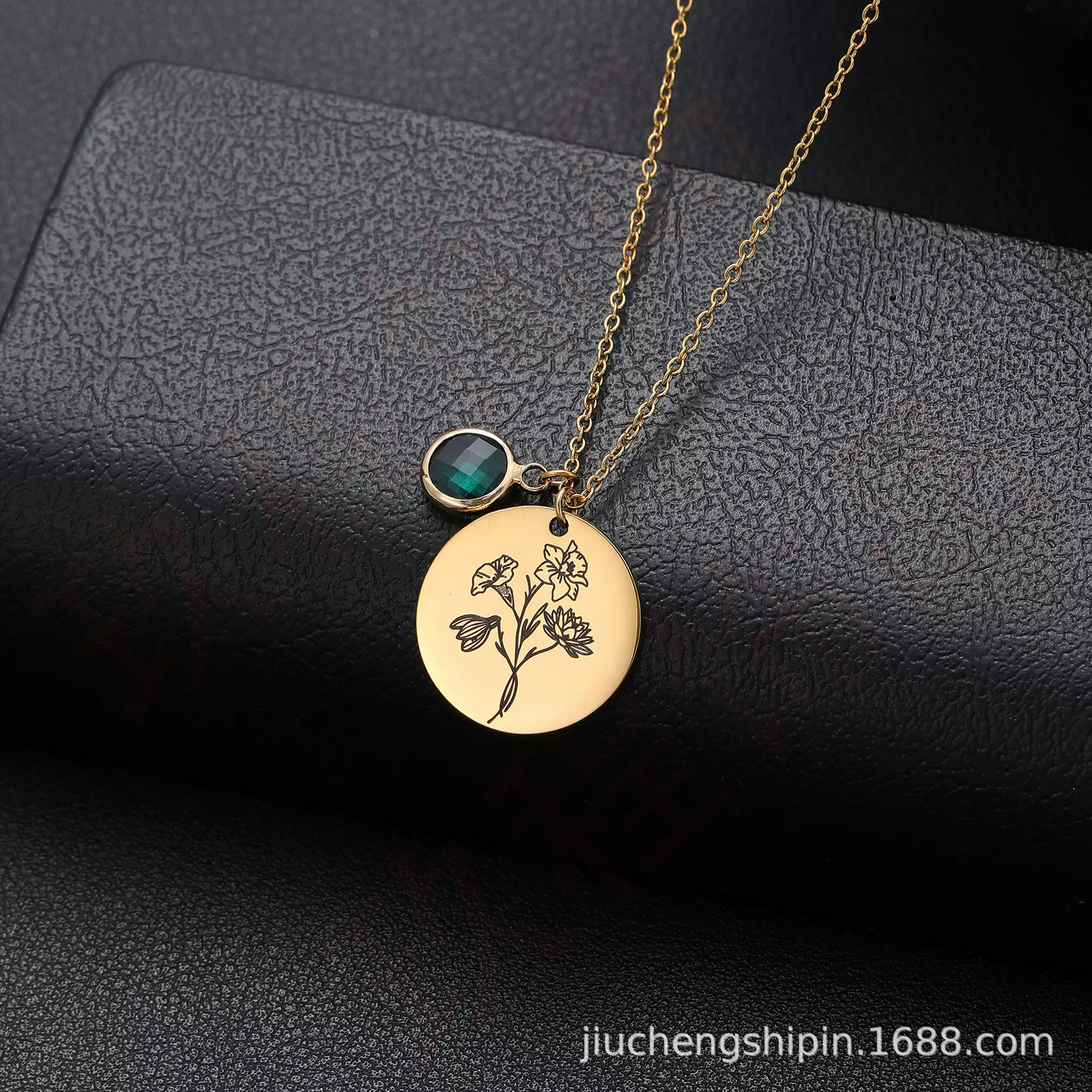 【一件定制】12月生日花+生辰石组合项链电镀18K真金激光雕刻吊坠