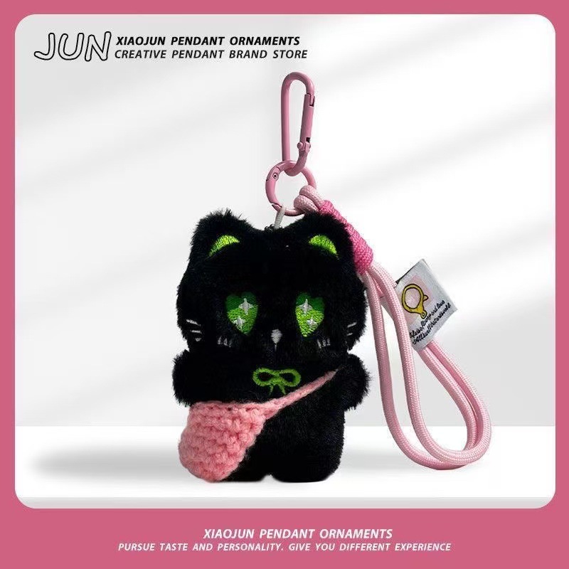 lindo felino de peluche, ojos negros grandes, muñecas, colgante, colgante, bolso, colgante, llavero chirriante diy
