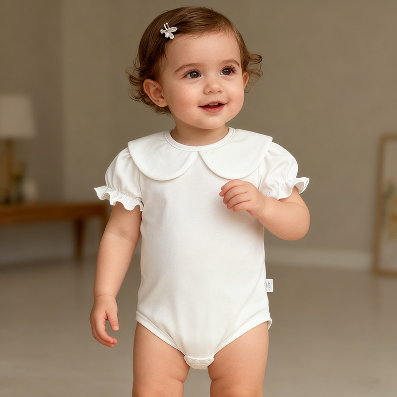 Summer Baby Clothes, New Style Girls' Short-Sleeved Pure Color Baby Girl's Crawling Clothes, Bottoming Shirts, Doll Collar Harem Clothes