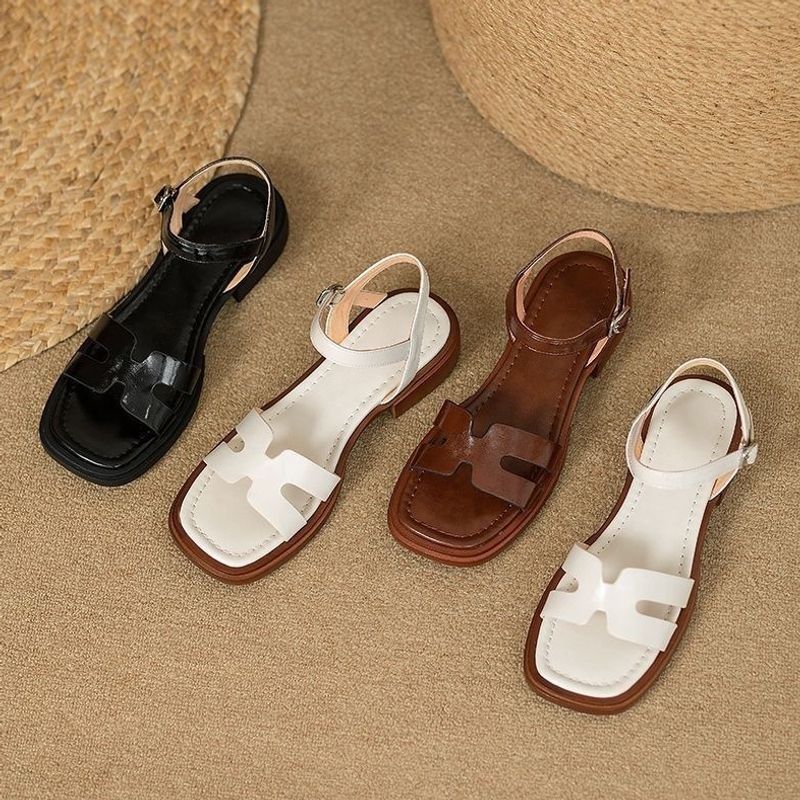 Chunky Heel, Thick Sole, Single Strap, Open Toe, Square Toe, College Style, Cool Summer Women's Soft Leather Low Heel Comfortable Flat Roman Sandals