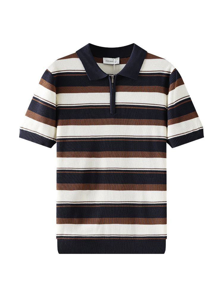 Cross-border 2026 verano hombre rayas hielo tejedido polo medio cremallera solapa camiseta de negocios de manga corta camiseta casual