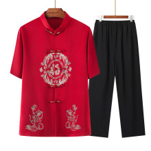 中老年情侣唐装男女中袖生日过寿中式礼服衬衫老人民族风薄款套装