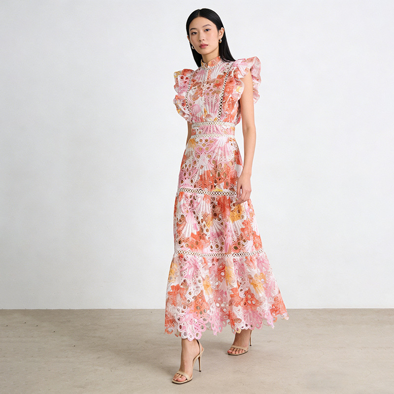 French-Style High-End Elegant Long Dress 2026 New Model Stand Collar Lace Hollow Embroidery Gown Dress for Women