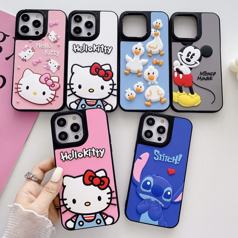 Factory direct cartoon three-dimensional leather protective cover Mickey Minnie for Apple 15Pro mobile phone case silicone 15p