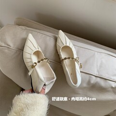 ALILOVER 小さな香りのプリーツポインテッドトゥ浅い口チェーンストラップ快適なフラットソールインナー高さメリージェーンシューズ